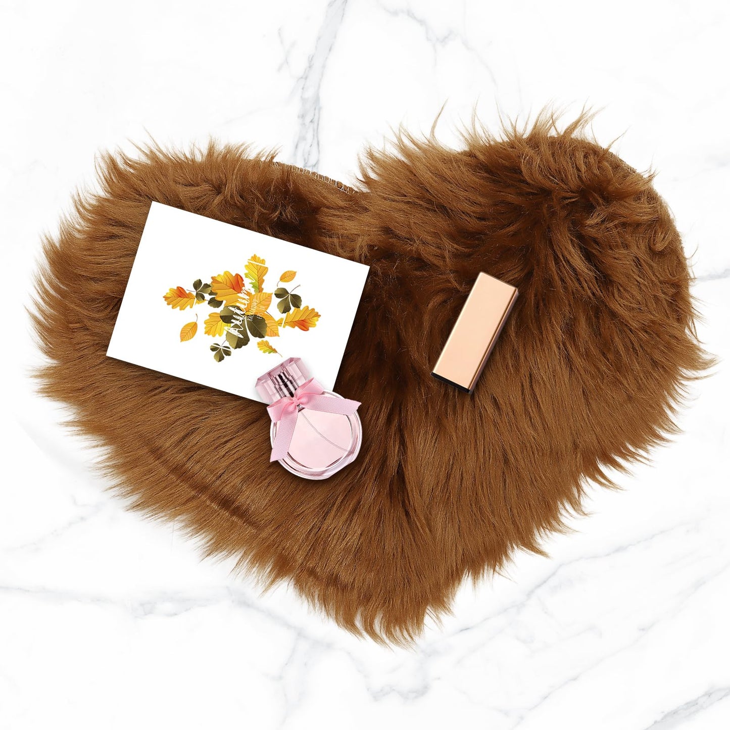 Luomorgo 2 Pcs Heart Shaped Faux Fur Rugs Small - 12x16 Inch Fluffy Plush Area Carpets for Locker, Tabletop & Nail Art Photography, Jewelry Photo Props Background (Brown)