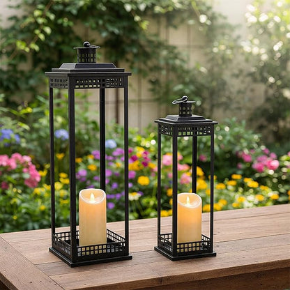 Vintage Lanterns Decorative Outdoor Indoor, 23'' 17'' Set of 2 Black Metal Candle Lantern, Lantern Decor for Retro Living Room, Patio, Fireplace, Porch, Garden, Balcony, Wedding Floor Lantern