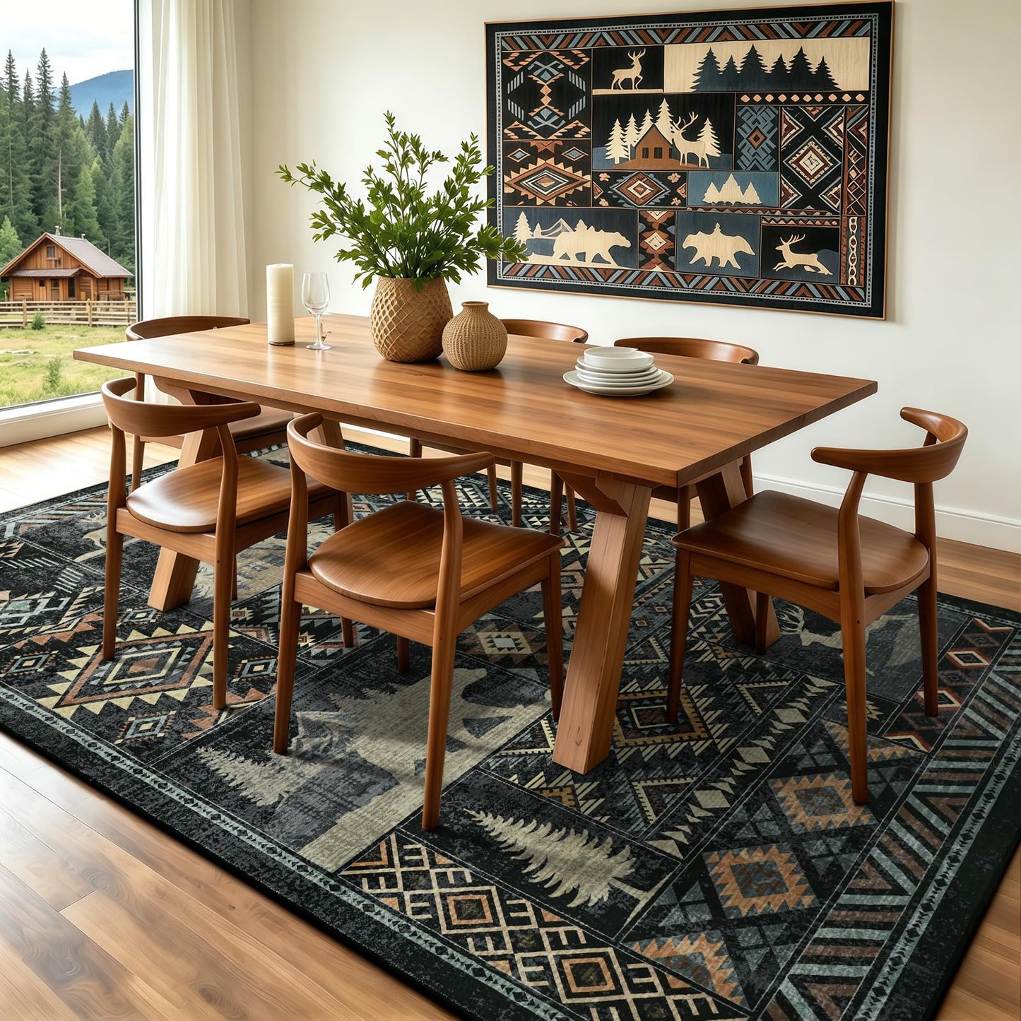 HOMORE Rustic Cabin Living Room Rug 5x7, Washable Southwestern Area Rug Geometric Carpet with Bear Print, Western Rugs for Bedroom Dining Room,Black
