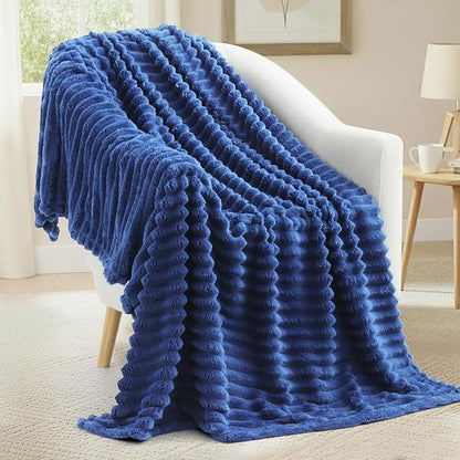 decorUhome Soft Fleece Navy Blue Twin Blanket for Bed, Cozy Fluffy Plush Flannel Striped Throws for Couch Sofa, Lightweight Decorative Ribbed Fuzzy Blanket for Woman, 60x80 Inches