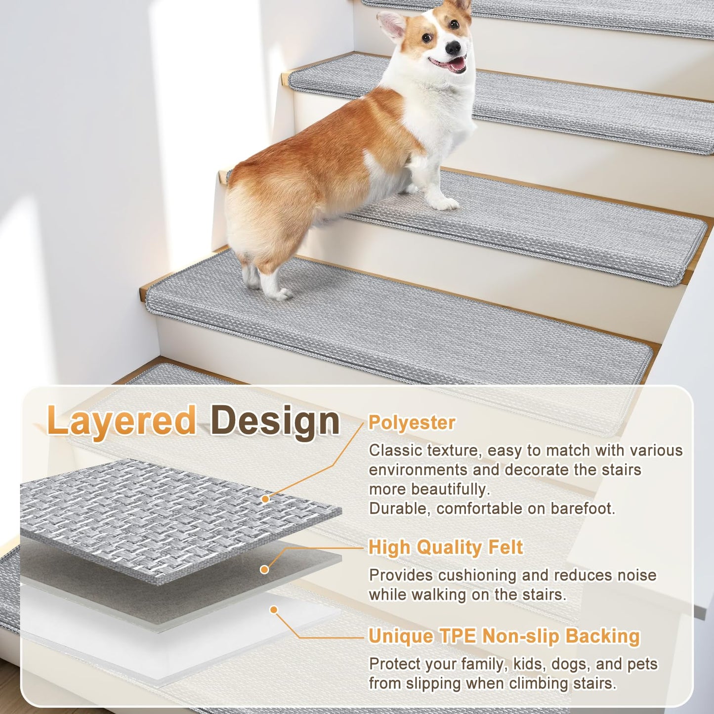 SMILOOL Bullnose Carpet Stair Treads Non Slip for Wooden Steps Indoor, 9.5" x 35" 2 Pieces, Extra Wide Bull Nose Carpet Runners for Wood Stairs, Step Covers, Stair Tread Rugs, Washable, Light Grey