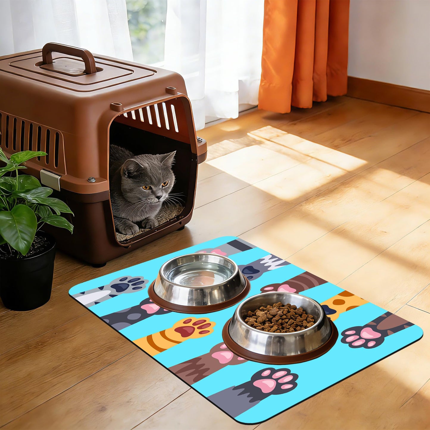 Cat Food Mat Pet Feeding Mat Paw 12" X 20" Non-Slip Super Absorbent, Dog Food Mat Pet Supplies for Floor (Light Blue)