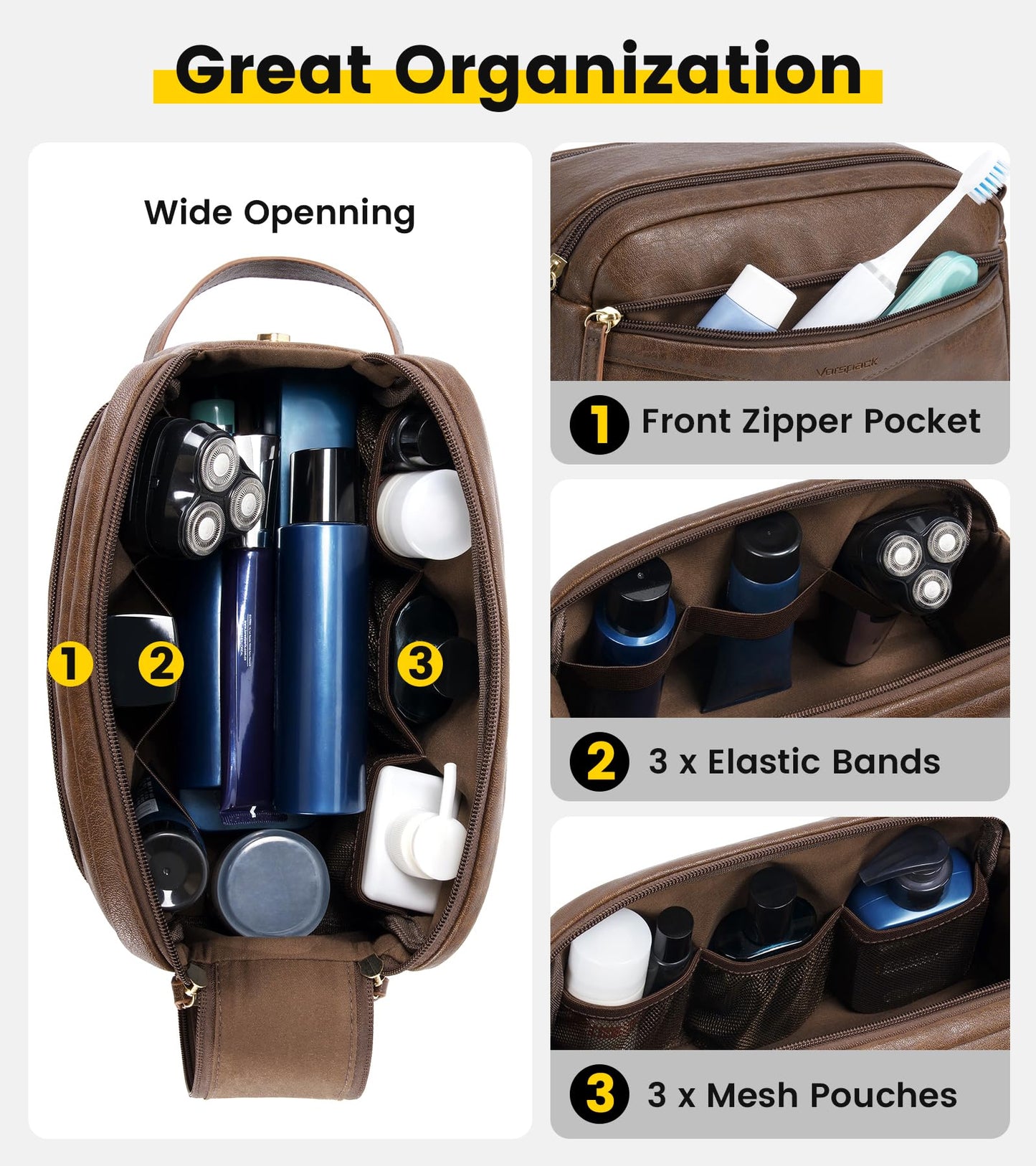 Vorspack PU Leather Toiletry Bag for Men, Water-Resistant Travel Bag for Toiletries, Wide Opening Bathroom Organizer for Shaving, Grooming, Skincare - Dark Brown