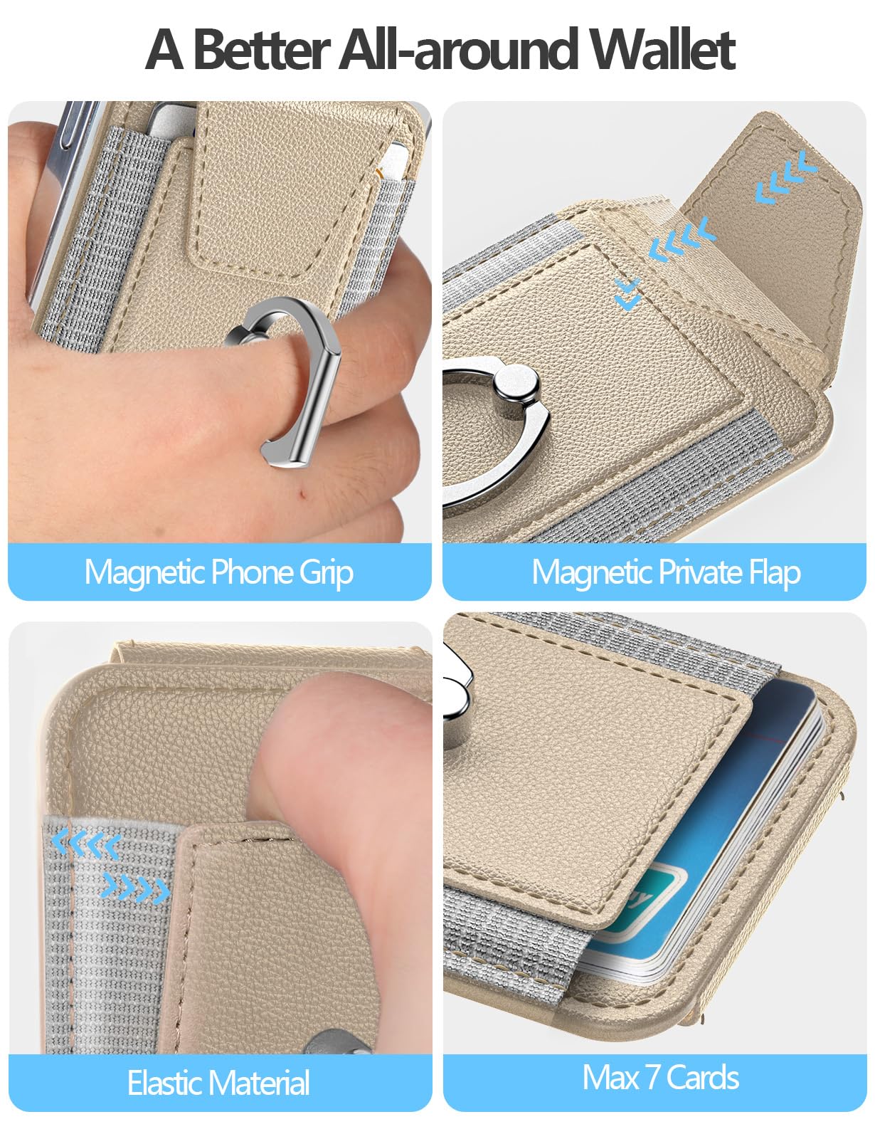 ExtreLife For Magsafe Wallet with Grip, 6-Card Holder, Stronger Magnetic Card Wallet Holder for iPhone 17/16/15/14/13/12 Series, Leather Magnetic Phone Wallet with Privacy Flap, Desert Titanium Gold