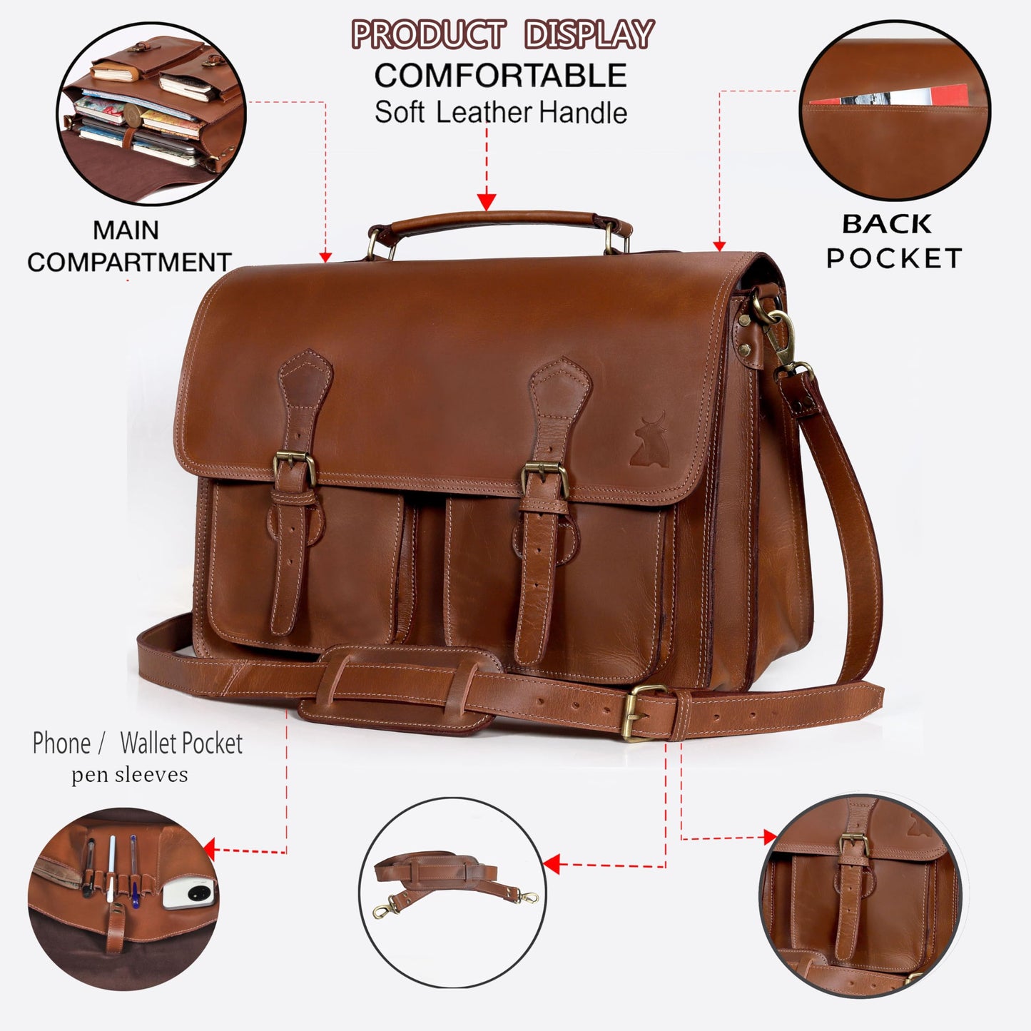 Leather Messenger Bag For Men - leather laptop bag briefcase for women - Mens Satchel Bag, 18 Inch Brown Genuine Buffalo Leather Computer Bag For Work