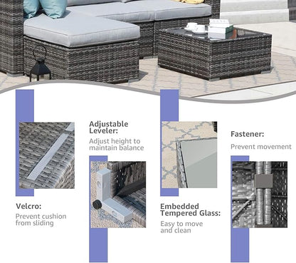 Patiorama 7 Pieces Outdoor Patio Furniture Set, All Weather Grey PE Wicker Rattan Sectional Conversation Set, Porch Garden W/Built-in Glass Table, Seat Clips, Light Grey Cushions