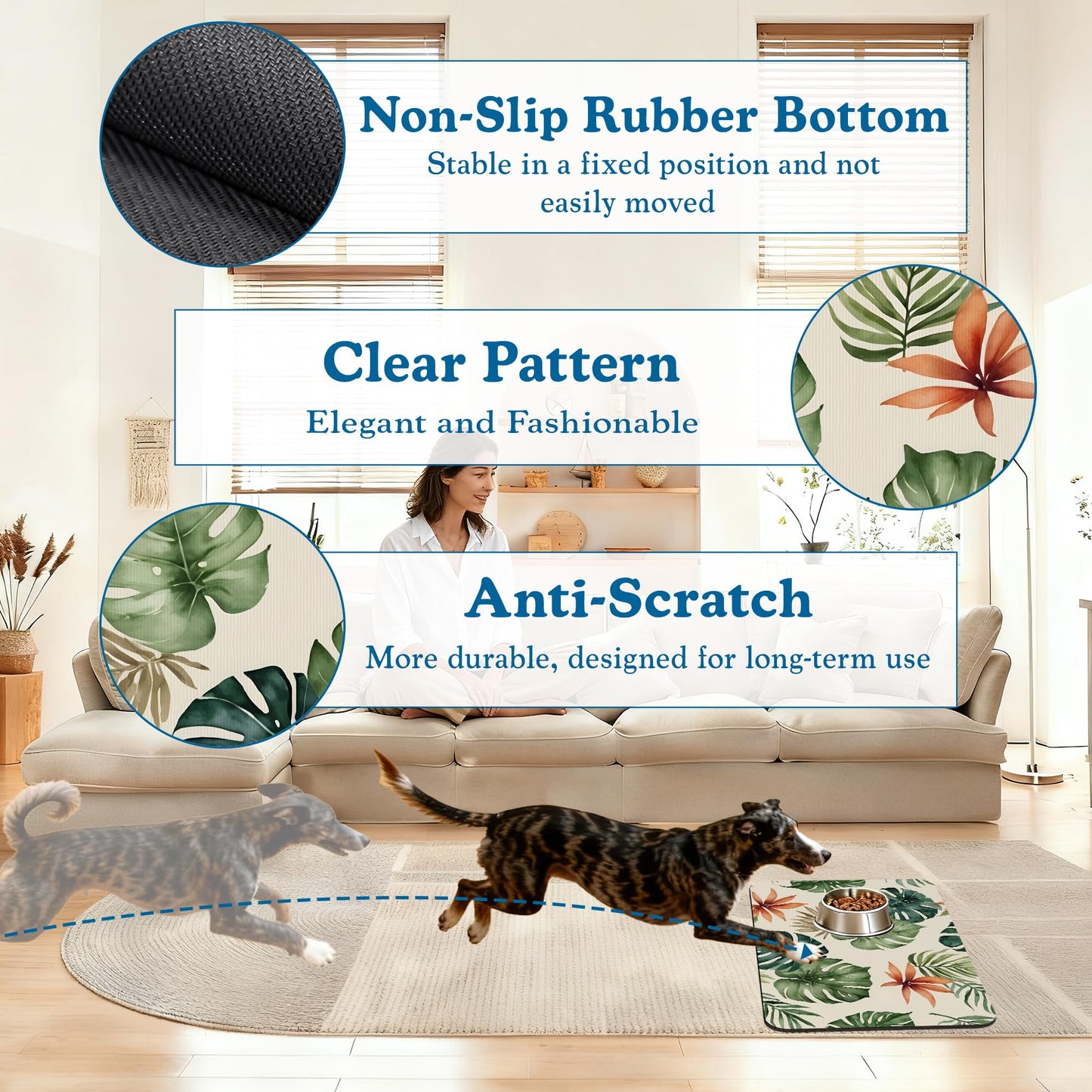 Boho Tropical Palm Pet Feeding Mat–Quick Dry Absorbent Dog Cat Food Mat, Non Slip Waterproof Bowl Placemat for Messy Eaters, Pet Accessories for Floors 12"x20"