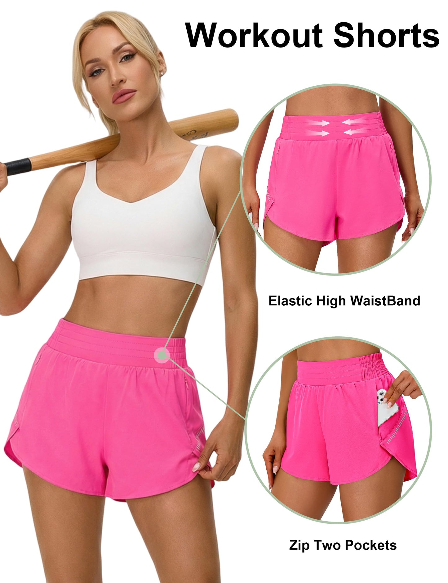 BMJL Womens Workout Gym Shorts Athletic Yoga High Waisted 2 in 1 Sporty Dolphin Running Shorts with Zip Pocket 2.5"(M,Hot Pink)
