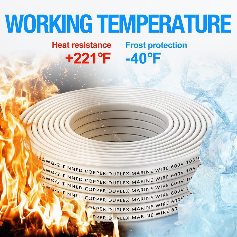 NAOEVO 14 Gauge Marine Wire Duplex, 14 AWG Stranded PVC Marine Electrical Wire, Waterproof/Corrosion Resistant/Tinned Copper Electrical Cable for Boat/Automotive/RV/Solar (15FT)