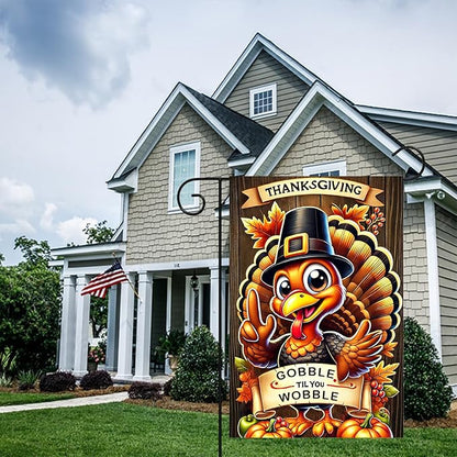 Thanksgiving Turkey Garden Flag 12x18 Inch Welcome Gobble Til You Wobble Outdoor Flag Double Sided Fall Autumn Yard Banner with Cartoon Pilgrim Turkey and Pumpkins for Porch Lawn Patio