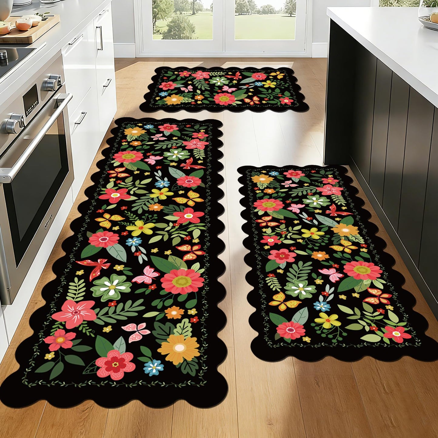 Black Kitchen Mats for Floor 3 Piece Set, Floral Scalloped Kitchen Rugs and Mats Set, Soft Cushioned No-Slip Resistant Kitchen Mats for Floor, Washable Runner Rug for Kitchen Sink, Laundry, Office