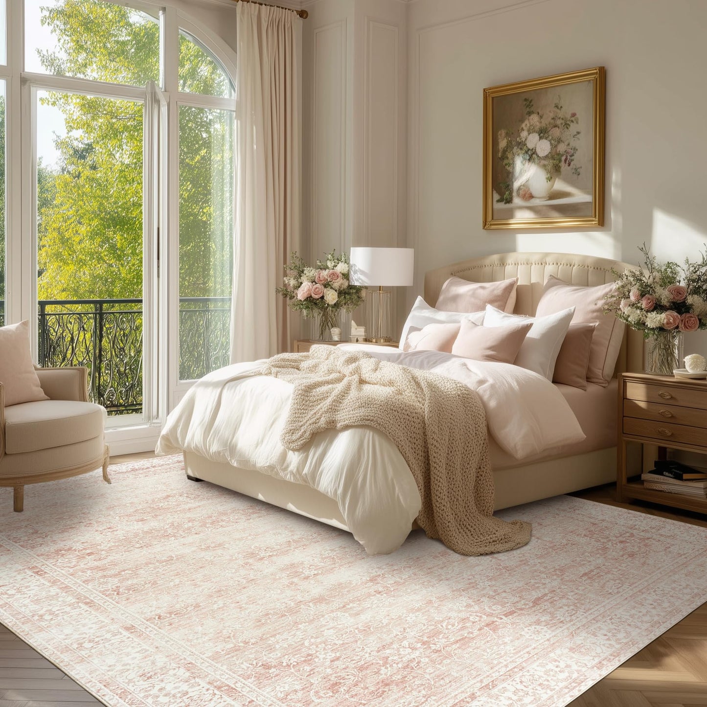 BILEEHOME Light Pink Nursery Rug for Baby Girl Neutral Blush Pink Boho Floral Pattern Carpet 5 x 8 Washable Non Slip Low Pile Soft Surface Area Rugs for Living Room Bedroom Playroom,5x8