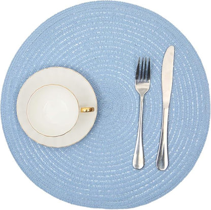 SHACOS Round Braided Placemats Set of 4 Washable 15 inch Round Non Slip Table Place Mats for Dining Tables (Light Blue, 4)