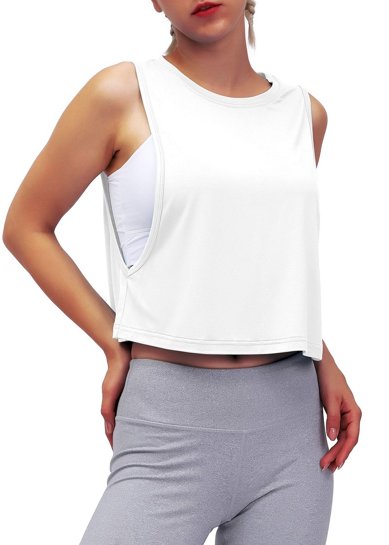 Mippo Cropped Workout Tops for Women Crop Top Workout Shirts Muscle Shirts Mesh Tank Athletic Clothes Active Wear White M