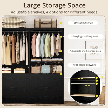 IRONCK Freestanding Closet System with 3 Wood Drawers, 31.5" Black | Modern armoire wardrobe with adjustable shelves & hanging rod, walk-in closet organizer for small spaces, space-saving design