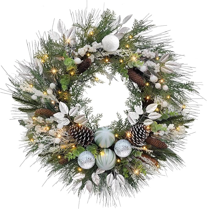 28’’ Pre-Lit Artificial Christmas Wreath, Theme Battery Operated 35 LED Lights with Faux Greenery, Pine Cones, Silver Leaves, White Berries and Silver Ornaments