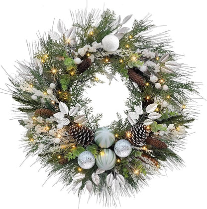 Christmas Lighted Wreath for Front Door, 28 Inches Pre-Lit 35 LED Lights Silvery Artificial Holiday Wreath with Silver Ornaments for Indoor Outdoor Home Decorations