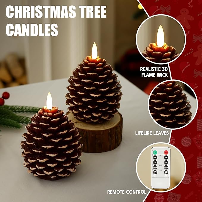 Christmas Flameless Pinecone Candles with Remote,Real Wax Battery Operated Candles, Flickering Led Pine Cone Candle for Xmas Holiday Winter Home Decoraction, 2 Pack