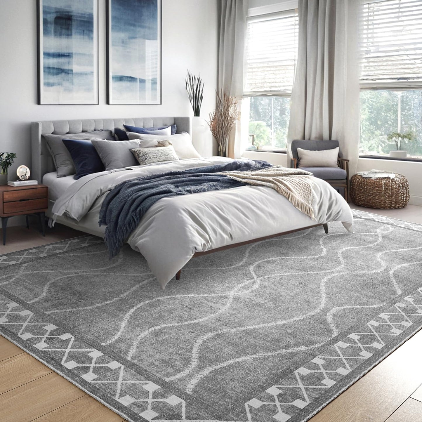 Woottpe 5x7 Light Grey Area Rugs for Living Room, Machine Washable Non-Slip Backing Low Pile Indoor Floor Rugs, Large Modern Carpet for Bedroom Entryway Classroom Playroom Dining Room Home Decor