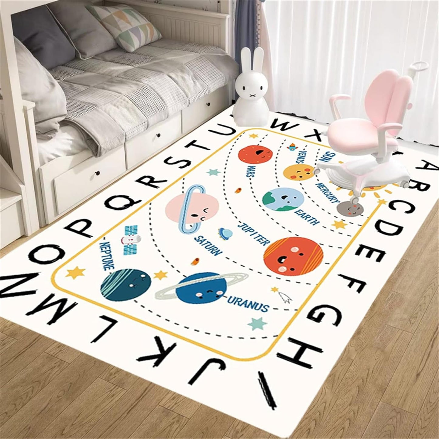 Apioiqa Solar System Kids Rug, Alphabet and Planet Carpet for Playroom 4x6, Children's Educational Play Mat ABC Rugs, Outer Space Play Rug