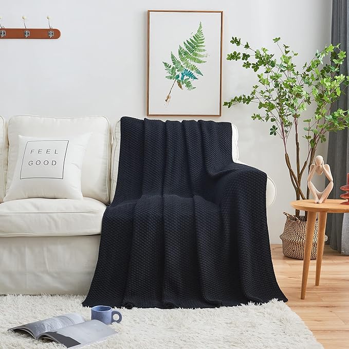 Longhui bedding Dark Navy Blue Knitted Throw Blanket for Couch, Soft, Cozy Machine Washable 100% Cotton Sofa Knit Blankets, Heavy 3.0lb Weight, 51 x 63 Inches, Dark Navy Blue Color.