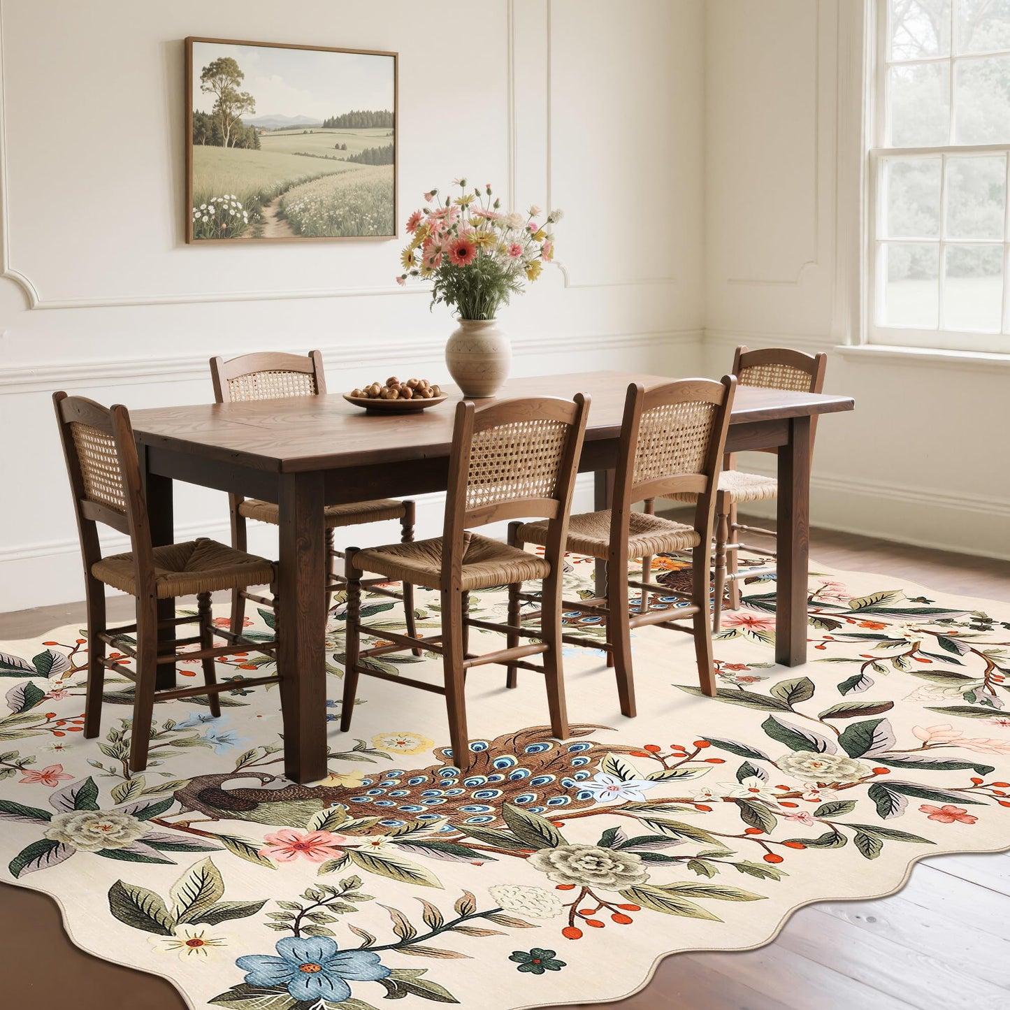 Garvee Scalloped Floral Peacock 8x10 Rug, Washable Large Non Slip Nursery Rugs Indoor Farmhouse Low Pile Area Rug for Bedroom Living Room, Ultra Thin Botanical Home Decor Carpet Mat, Beige