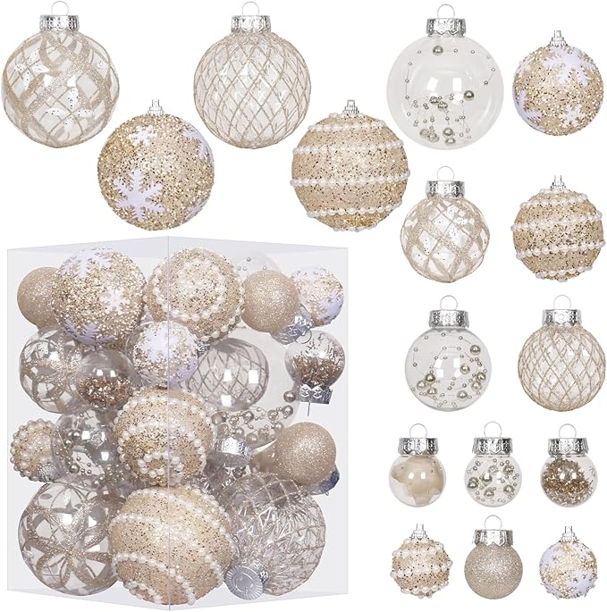 Super Holiday Christmas Ball Ornaments, 33PCS Champagne Clear Shatterproof Plastic Foam Ornaments Set for Hanging Xmas Tree Holiday Thanksgiving Party Decor.