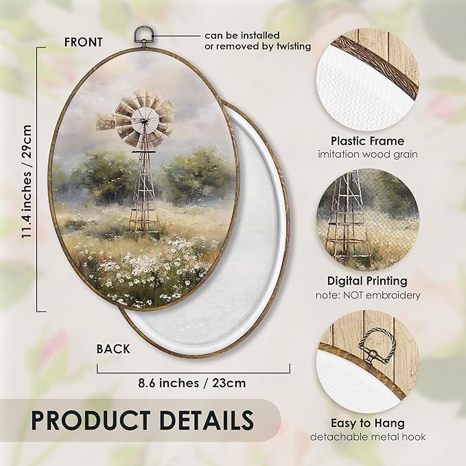 Fewgb Vintage Farmhouse Windmill Oval Wall Art Decor Framed, Rustic Country Canvas Wall Art Prints Picture, Cottagecore French Country Hanging Room Decor Artwork for Kitchen Bedroom Bathroom 9x12
