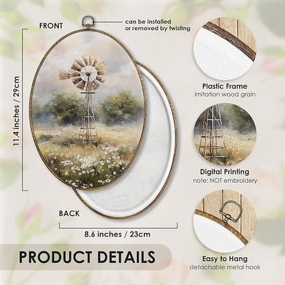 Fewgb Vintage Farmhouse Windmill Oval Wall Art Decor Framed, Rustic Country Canvas Wall Art Prints Picture, Cottagecore French Country Hanging Room Decor Artwork for Kitchen Bedroom Bathroom 9x12