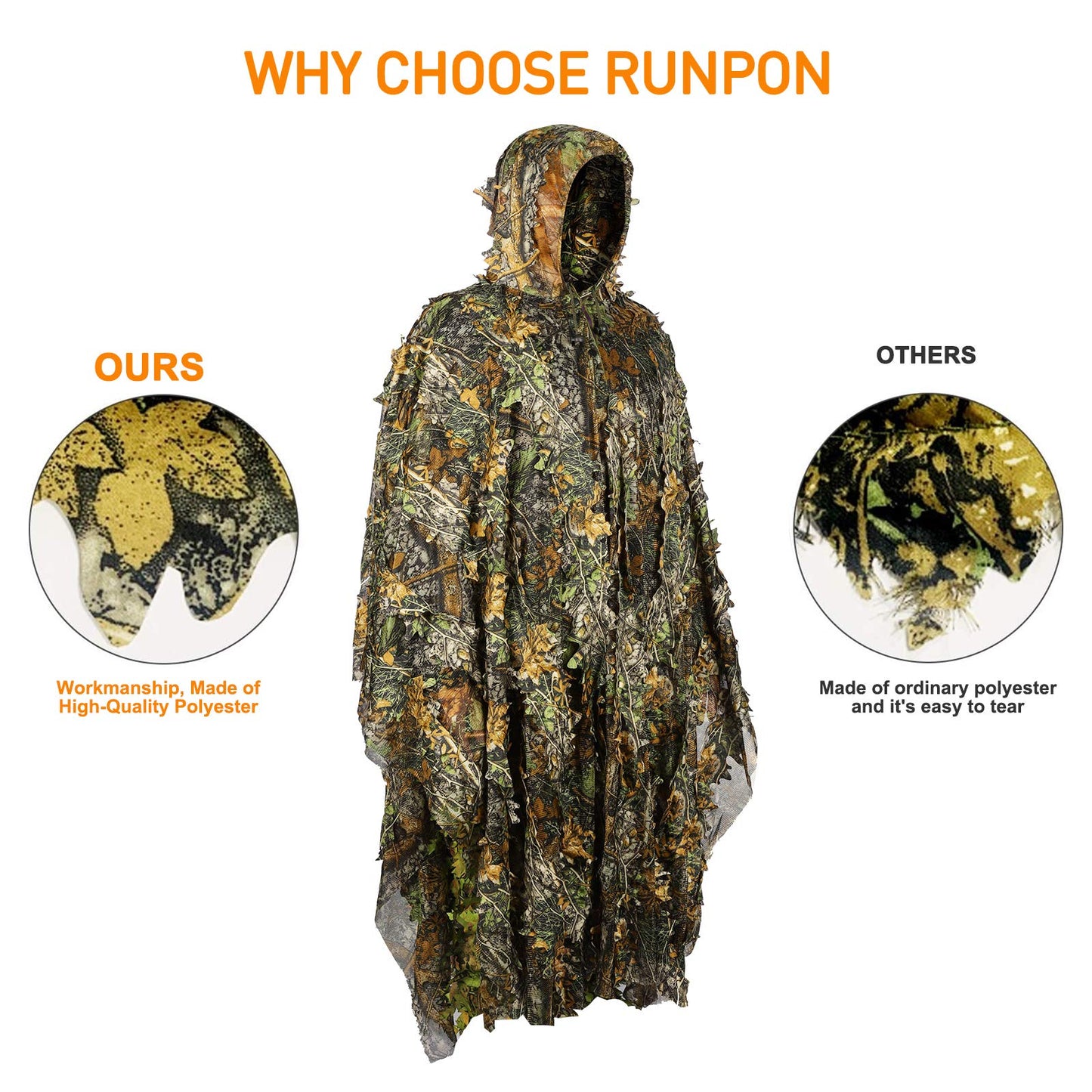 Outdoor Camouflage Ghillie Poncho 3D Leaves Hunting Cape Camouflage Cloak Stealth Ghillie Suit for Bird Watch Military CS Woodland