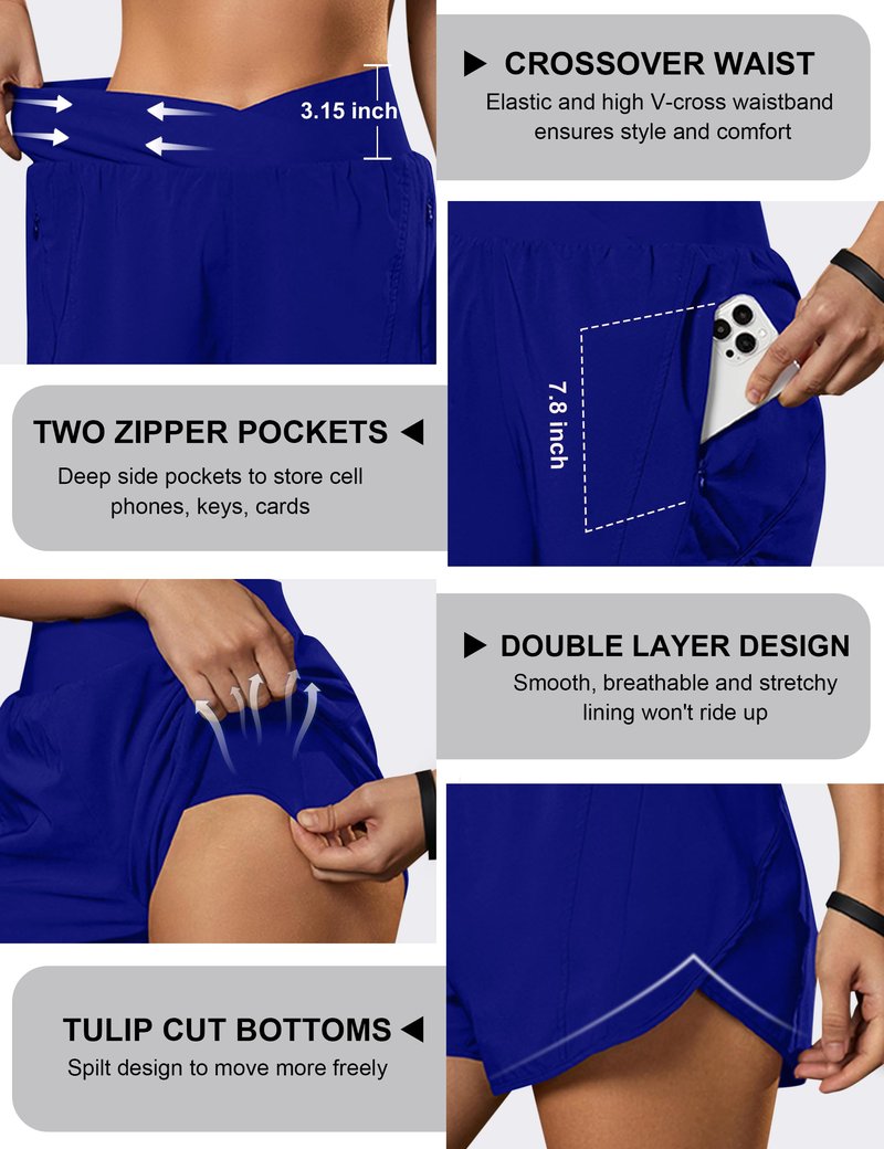 Blooming Jelly Women's Workout Shorts Athletic Running Cross V Cut Waist Work Out Preppy Shorts with Zipper Pockets (Royal Blue,X-Large)
