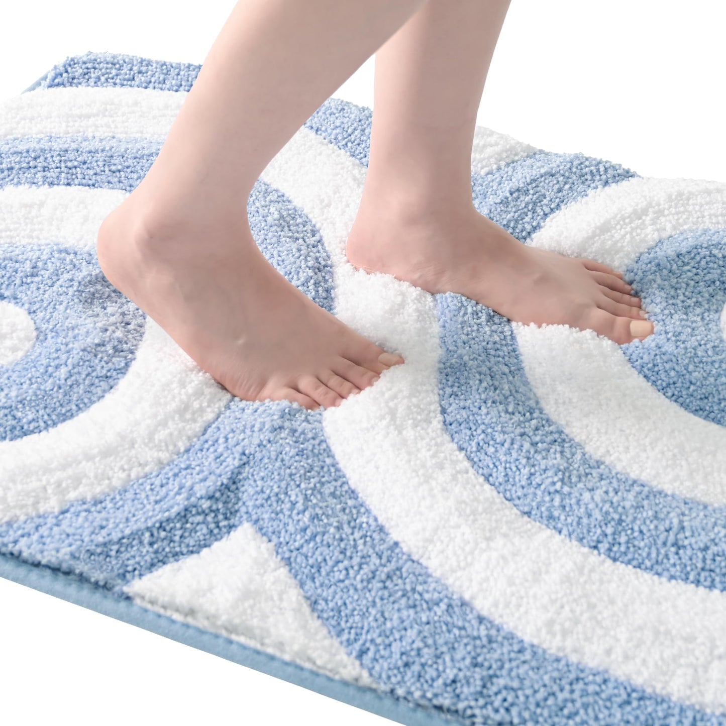 QJHOMO Blue and White Cute Bathroom Rugs Non Slip Bath Mat Modern Aesthetic Bathroom Decor, Geometric Striped Bath Rug Soft Fluffy Floor Mats, Thick Microfiber Carpet Machine Washable (18x26 inch)