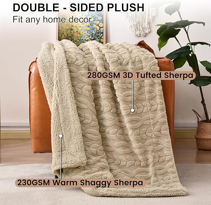 PHF Fluffy Sherpa Blanket King Size for Winter, Warm and Soft, 510GSM 3D Jacquard Thick Shaggy Fleece Plush Blanket for Sofa Bed, Khaki, 108"x90"