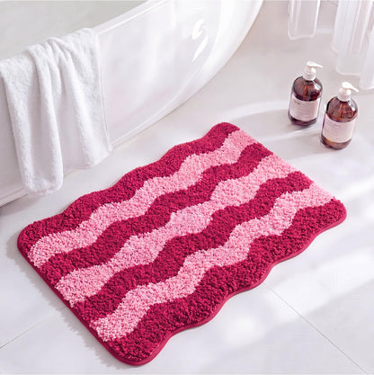 Nuanchu Cute Scalloped Bathroom Rug, Plush Tufted Absorbent Soft Wave Striped Bath Mat 24"x16", Non-Slip Washable Floor Carpet for Bathroom Bedroom Kitchen(Tomato & Pink)