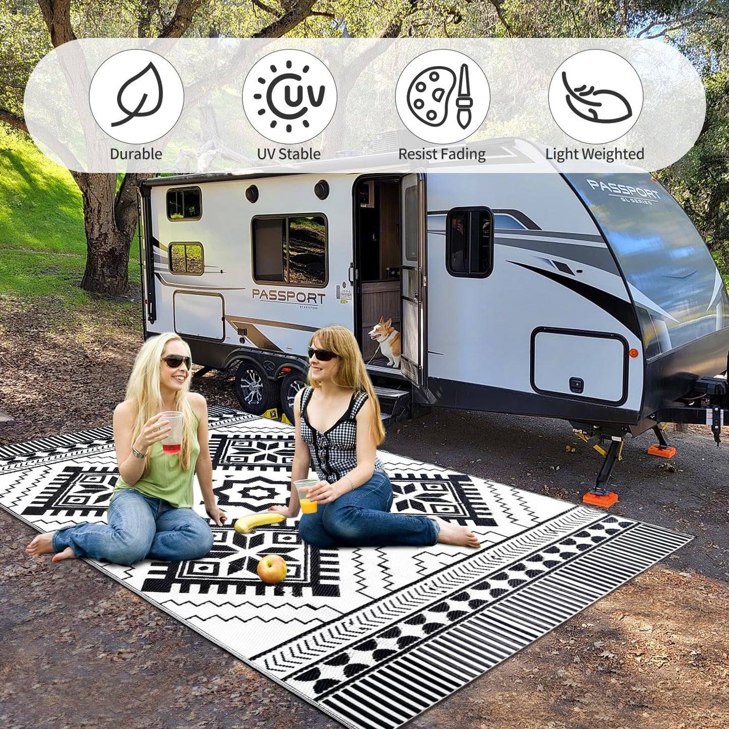 Waterproof Outdoor Rug 5x8ft, Boho Reversible Plastic Straw Mat for Patio RV Deck Porch Backyard Balcony Camping Picnic Beach Indoor Outdoor Carpet, Black&White