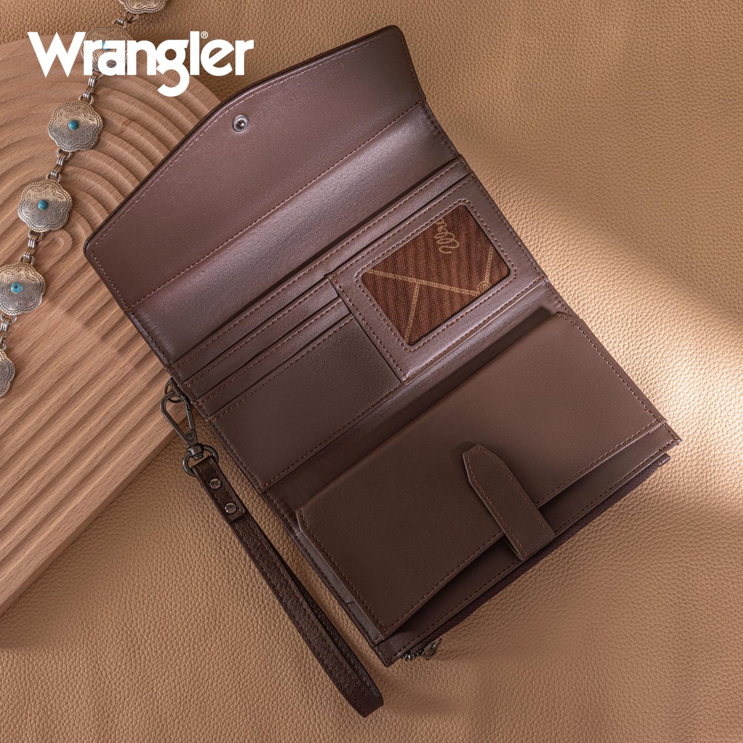 Montana West X Wrangler Women's Wallets Large Wristlet for Woman Ladies Female Trifold Cash Wallet with Wrist Strap and Rfid Lining