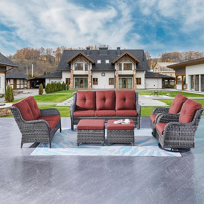 Rilyson Wicker Patio Furniture Set - 6 Piece Rattan Outdoor Sectional Conversation Sets with 2 Rocking Swivel Chairs,2 Ottomans,1 Sofa and 1 Loveseat for Porch Deck Garden(Mixed Grey/Red)