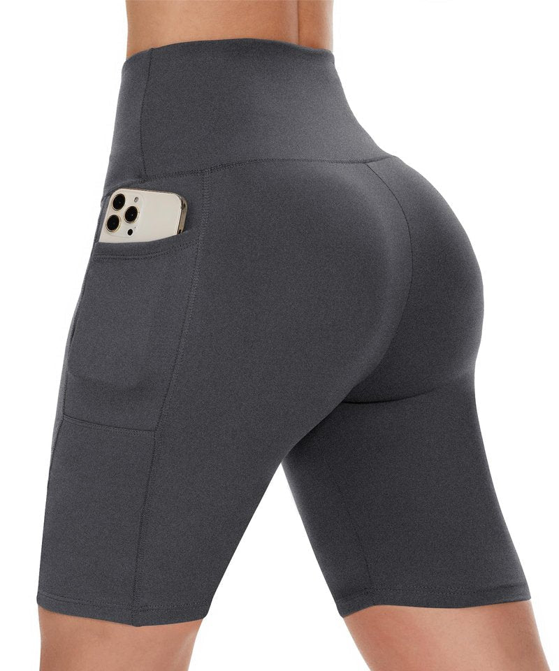 CAMPSNAIL Biker Shorts Women with Pockets - 3"/5"/8" High Waisted Workout Spandex Tummy Control Gym Running Yoga Shorts Dark Grey-Heather