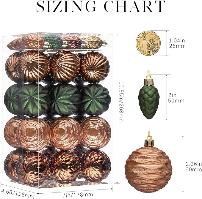 JORNOY Christmas Tree Ornaments - 2.36inch/60mm Shatterproof Ornaments for Christmas Tree Set, Plastic Decorative Hanging Balls Ornaments for Xmas Tree Decorations, 40ct (Earth Tone)