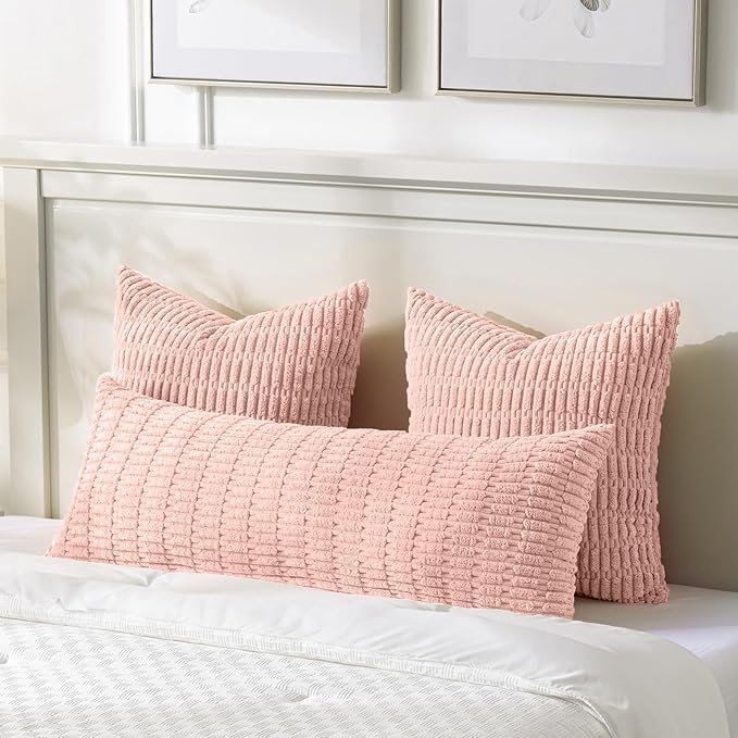 Fancy Homi Blush Pink Long Body Lumbar Lumbar Decorative Throw Pillow Covers 14x36 Inch for Bed Couch Bedroom Bench, Soft Corduroy Rectangle Solid Pillow Case, Rustic Farmhouse Boho Room Decor