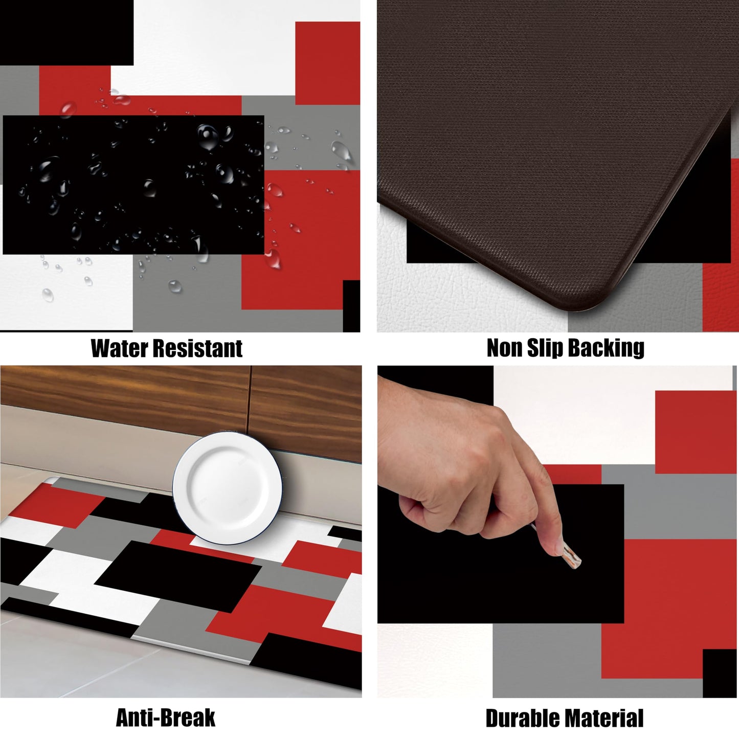Tyrot Red Black Kitchen Rugs Set of 2 Cushioned Anti Fatigue Kitchen Mats for Floor Non-Slip Waterproof Kitchen Floor Mats Geometric Ergonomic Cushioned Comfort Standing Mat for Laundry, Office, Sink