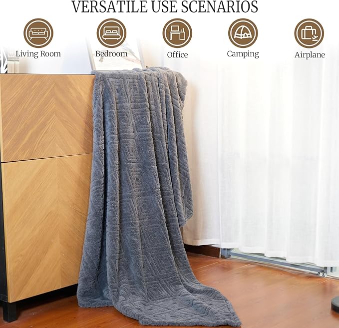 Geometric 50x70 Inch Flannel Jacquard Throw Blanket- Soft & Cozy Luxurious Blankets for Couch, Bed, Sofa, Travel，Home and Dorm Decor，Housewarming Gift for Women & Men,Dark Grey
