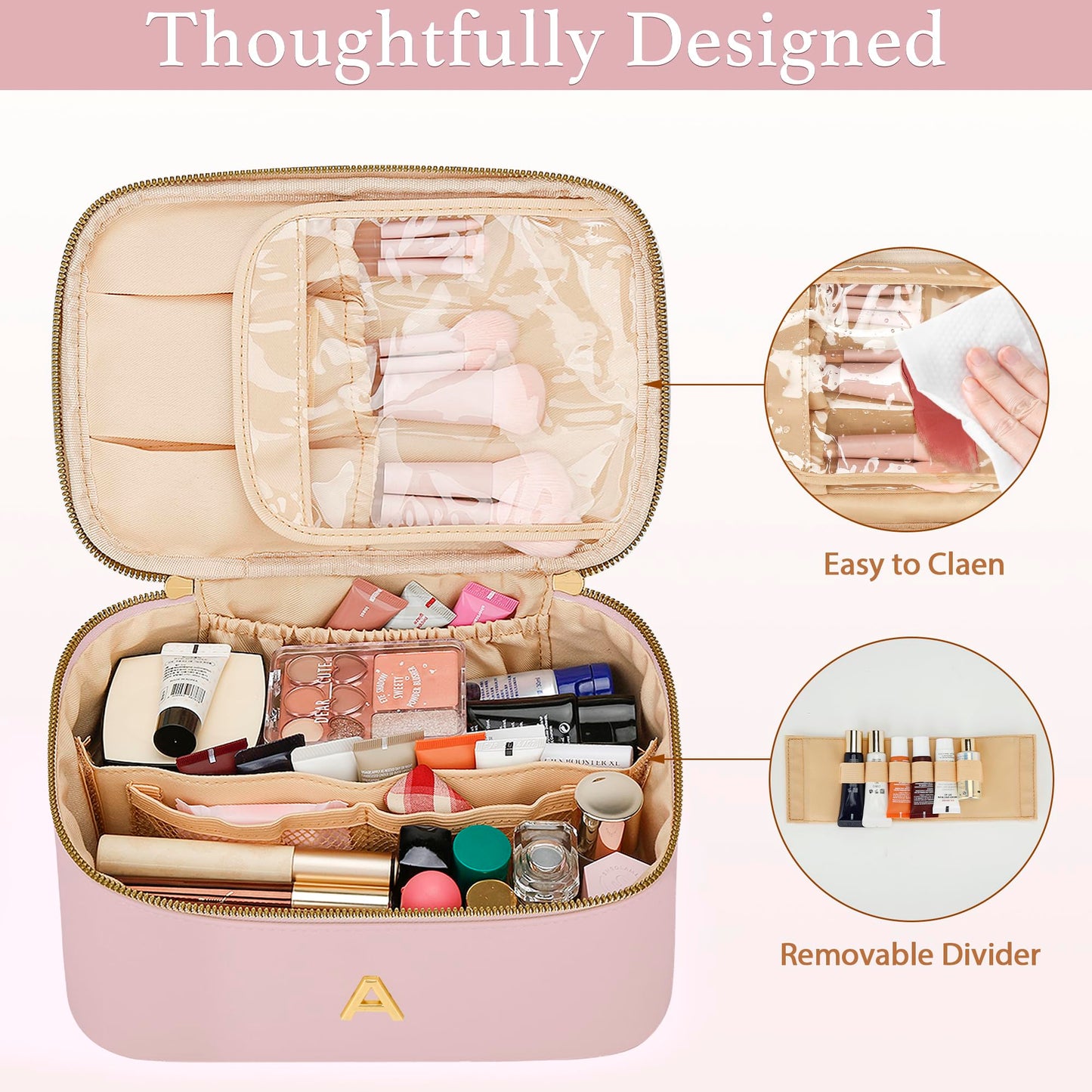 CLOUDWINGS Personalized Initial Makeup Bag Gifts for Women, Large Travel Cosmetic Organizer with Handle & Divider, PU Leather Toiletry Bag for Girls, Birthday Bridesmaid Gift Set - Pink - A