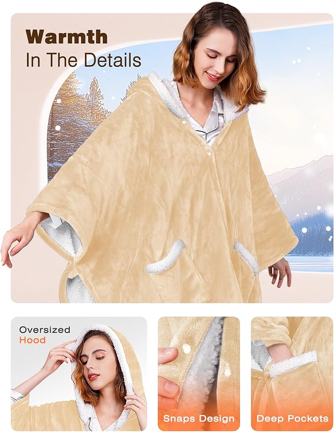Wearable Heated Blanket - Cozy Gift for Women, Mom, Men| Reversible Flannel & Sherpa Electric Wrap with Pockets & Hood, 6 Heat Levels, 1-4H Timer, ETL Safe, Machine Wash, 50"x70" Beige