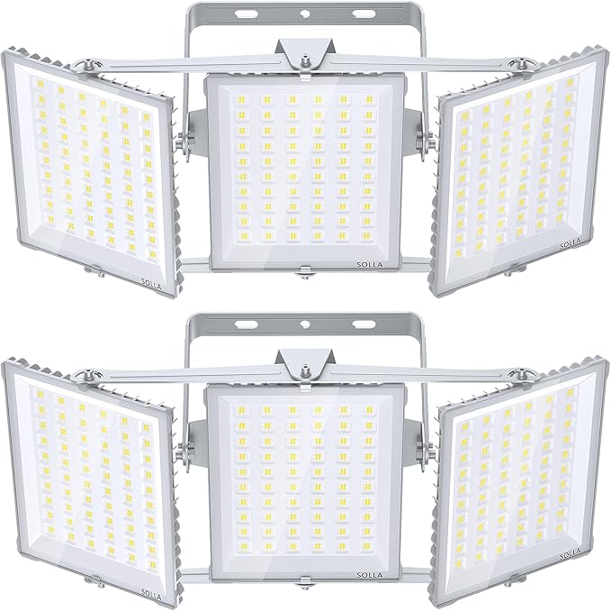 600W 2 Pack 2025 Plus New Upgraded LED Flood Light Outdoor, 60000LM Super Bright Stadium Lights, 6000K Daylight White, IP66 Waterproof, 3 Heads Adjustable Floodlights for Yard, Arena, Street