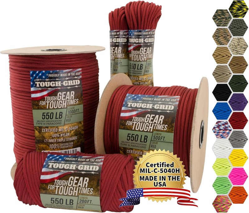 Tough-Grid 550 Paracord Rope - Durable Nylon Parachute Cord for Survival Kits | Tactical Gear & Camping Essentials