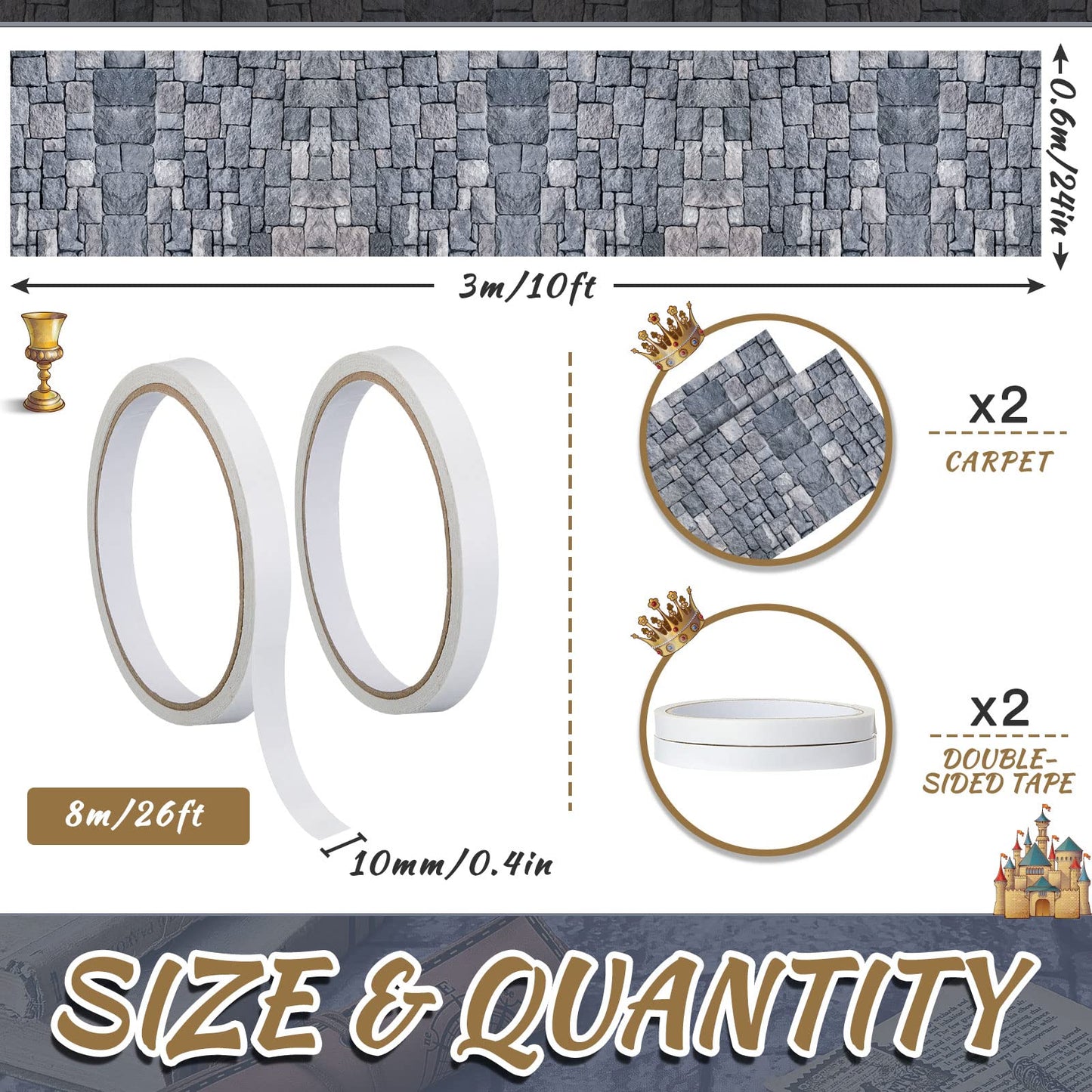 Fabbay 2 Pack 10ft Cobblestone Aisle Runners Medieval Party Decorations Polyester Brick Stone Printed Floor Runners for Medieval Castle Knight Themed Party Supplies Castle Table Cover
