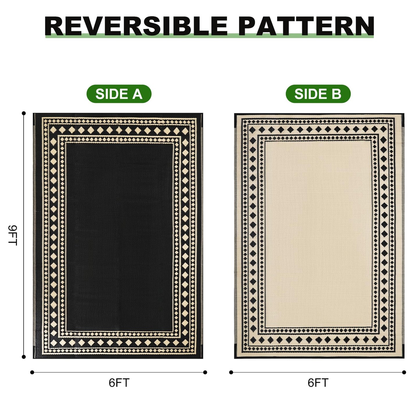 RURALITY Outdoor Rugs 6x9 Waterproof for Patios Clearance,Plastic Straw Mats for Backyard,Porch,Deck,Balcony,Black and Beige