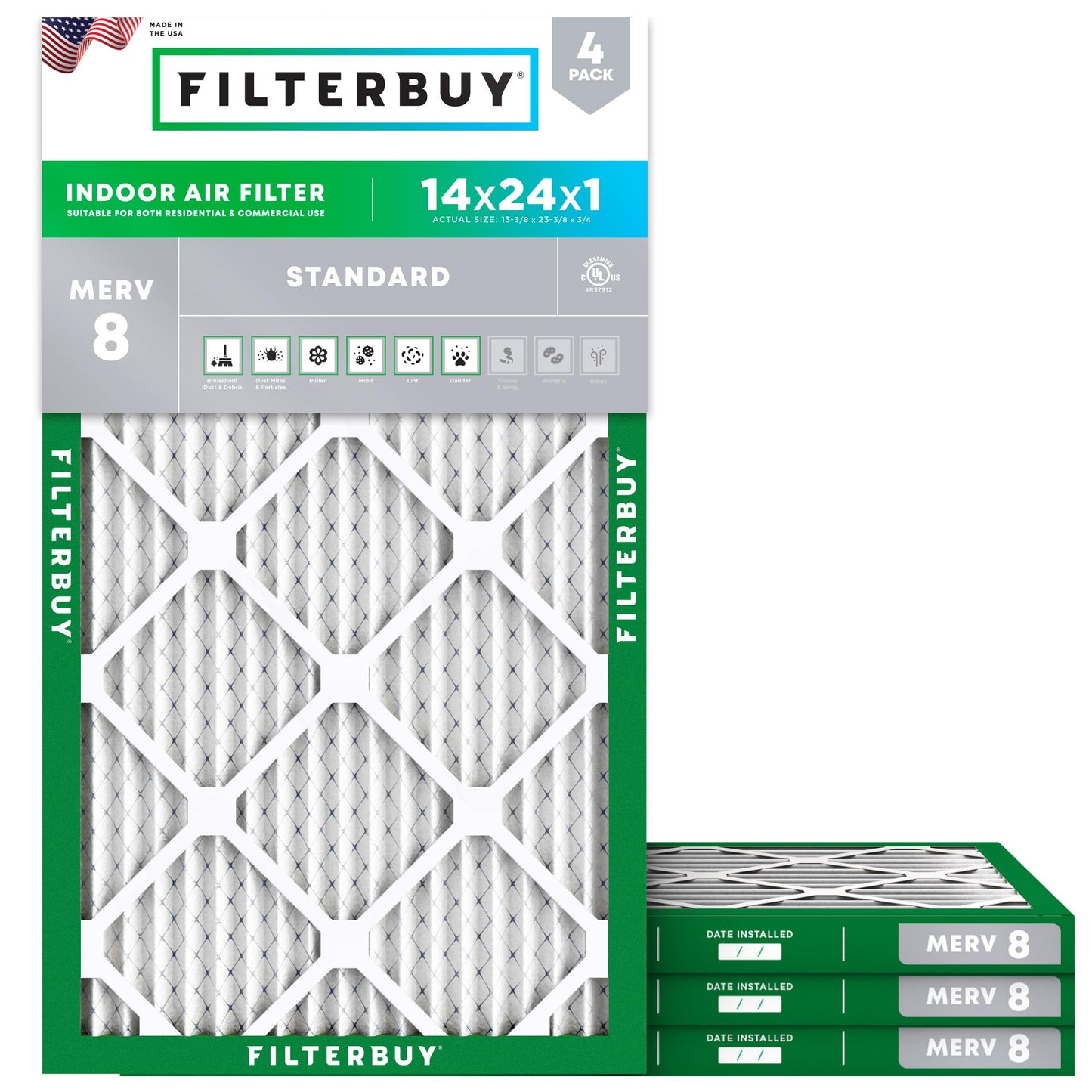 Filterbuy 14x24x1 Air Filter MERV 8 Essential Dust & Allergy Defense (4-Pack), Electrostatic Pleated HVAC AC Furnace Filters Replacement, Made in USA (Actual Size: 13.38 x 23.38 x 0.75)