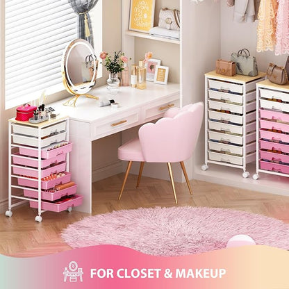 Goovilla Rolling Cart with Drawers, Utility Cart Organizer With 8 Removable Drawers and Wooden Tabletop, Lockable Rolling Storage Organizer for Art, Classroom, Home, Dorm, Office, Craft Storage, Pink